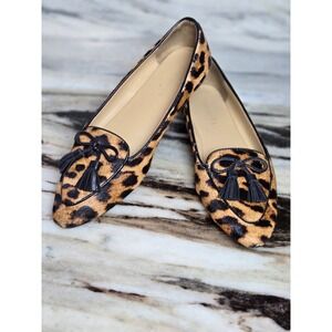 Leopard Calf Hair Tassel Loafers Pointed Toe Flats Brown Black 7.5 Animal Print
